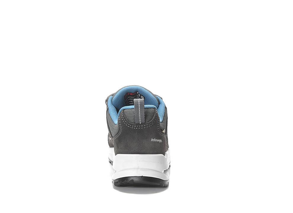Rückansicht eines grauen und blauen Sneakers mit einer weißen Sohle, mit Markenbrandinglogo auf der Ferse.