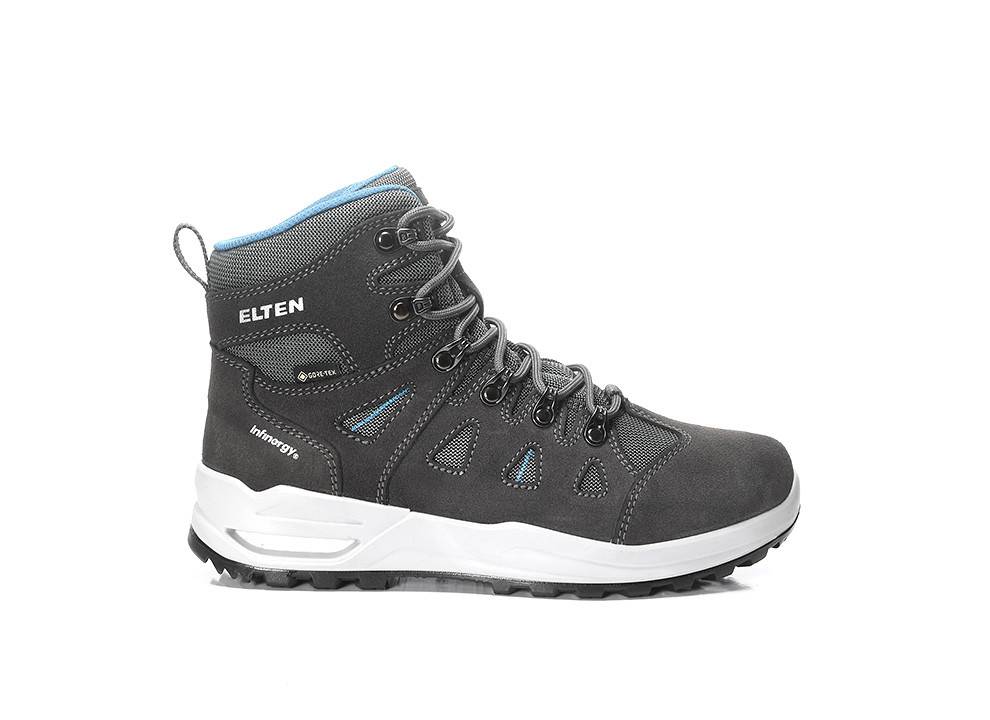 Grauer und weißer Wanderschuh mit 'ELTEN' Logo, blauem Innenfutter und robuster Sohle, die für den Outdooreinsatz konzipiert ist, in Seitenansicht gezeigt.