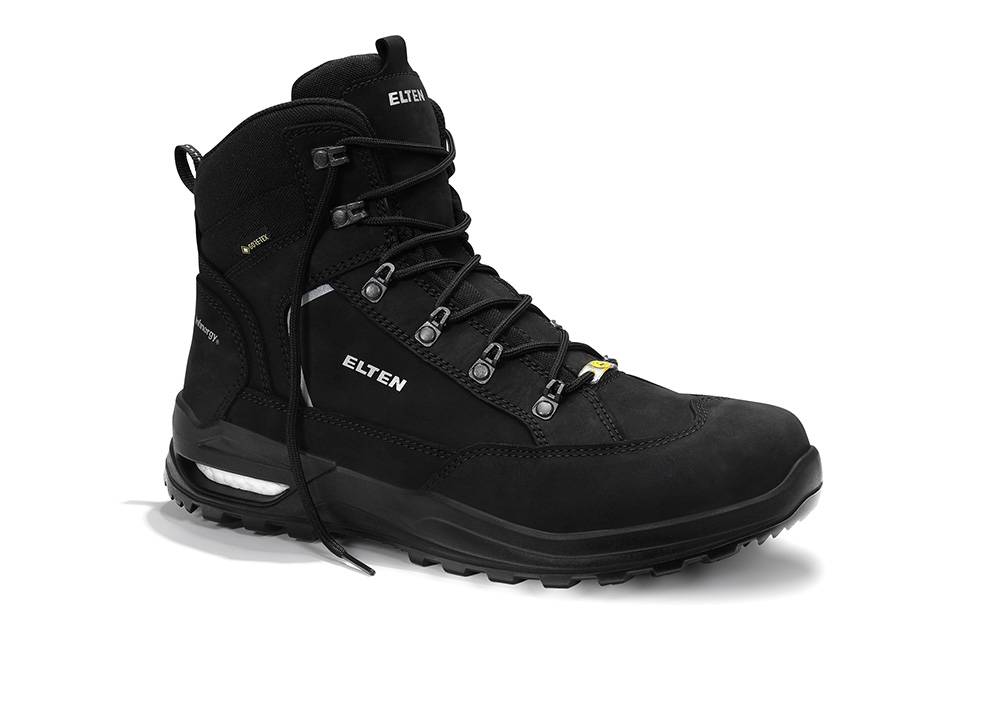 Schwarzer, hoher Sicherheitsstiefel mit Schnürsenkeln und 'ELTEN'-Markierung. Ausgestattet mit verstärkter Zehenkappe und robuster Knöchelunterstützung.