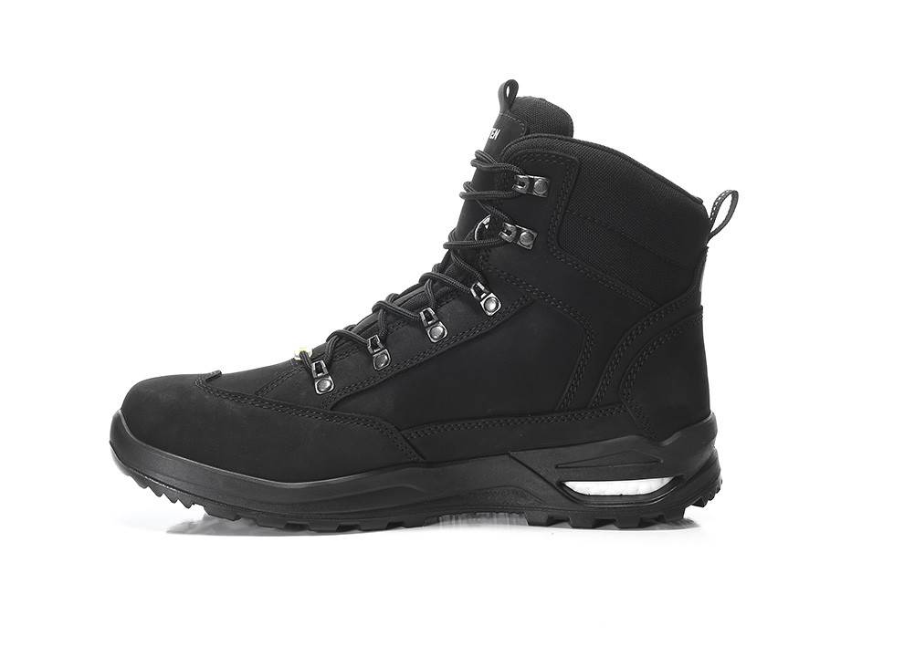 Ein schwarzer Wanderschuh mit robusten Sohlen, mehreren Schnürsenkelösen und einem stabilisierenden Knöcheldesign, geeignet für Outdoor-Aktivitäten.