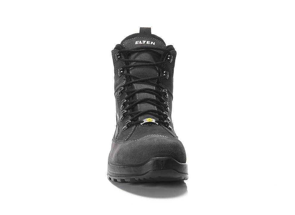 Ein schwarzer Wanderschuh mit Schnürsenkeln, mit der Bezeichnung 'Elten', von vorne gezeigt, wobei sein robustes Design und die grobe Sohle hervorgehoben werden.