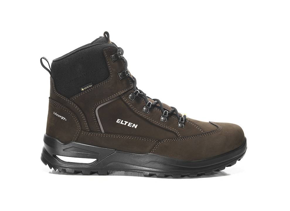 Ein brauner Wanderschuh mit schwarzer Sohle und Schnürsenkeln, auf dessen Seite der Markenname 'Elten' zu sehen ist.