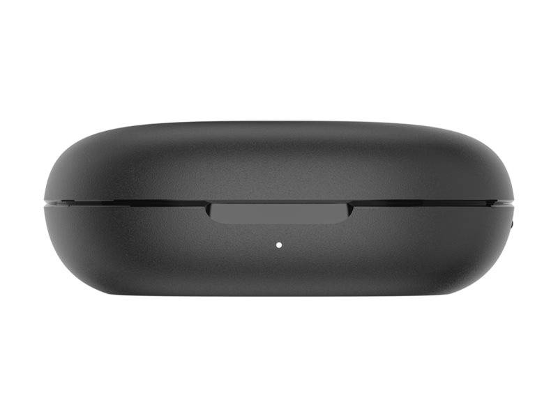 Schwarze kabellose Ohrhörer mit geschlossener Ladestation auf weißem Hintergrund dargestellt.