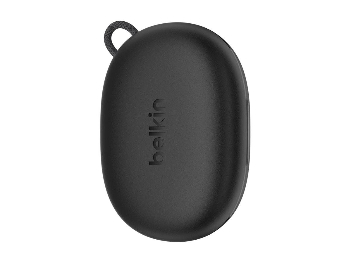 Schwarze ovale Belkin-Tragetasche mit einer kleinen Schlaufe oben und dem Belkin-Logo auf der Vorderseite.