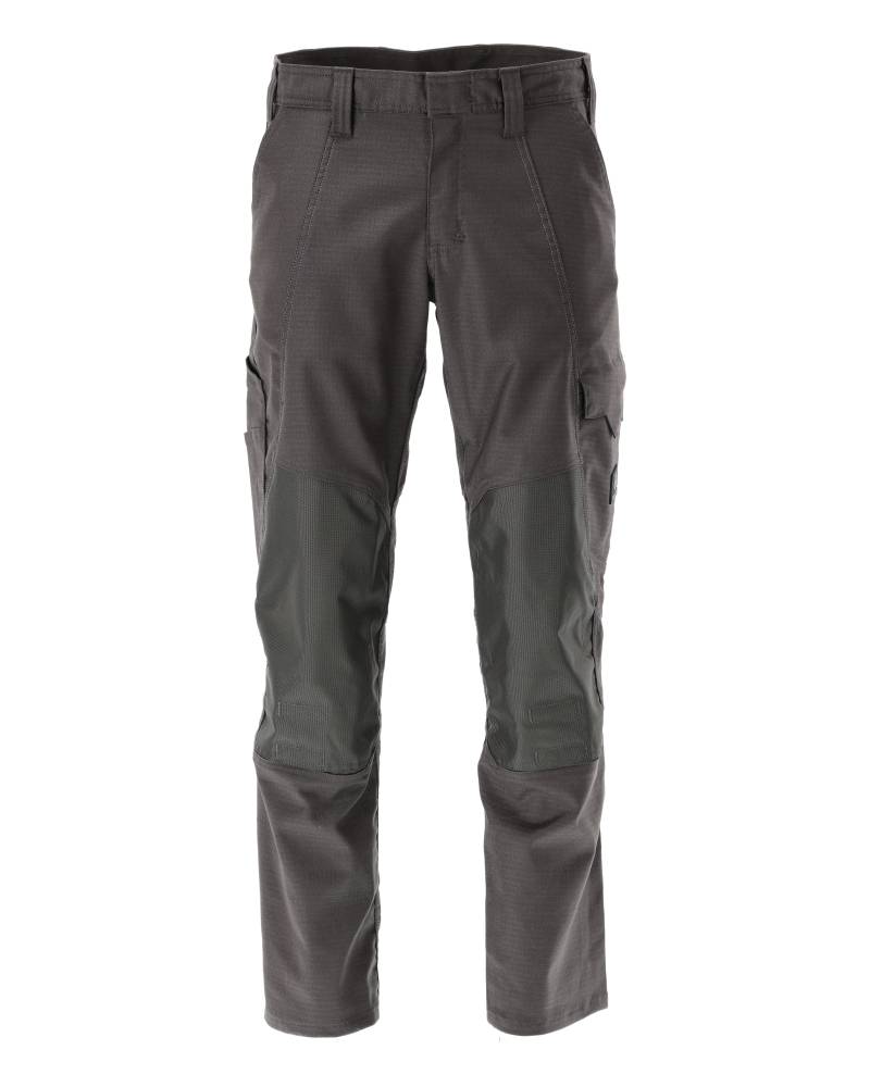 Eine Hose aus dunkelgrauem Cargostoff mit verstärkten Knieeinsätzen. Die Hose verfügt über ein cleanes Design und mehrere Taschen, die ideal für Outdoor-Aktivitäten sind.