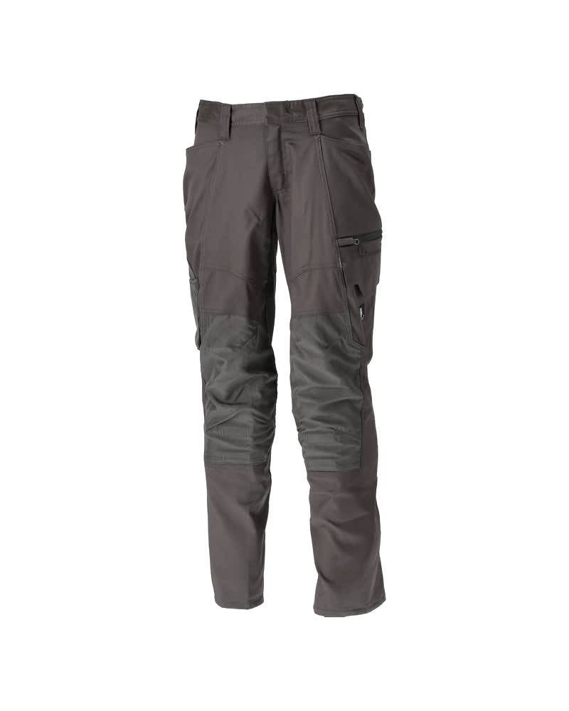 Graue taktische Hose mit verstärkten Knien und mehreren Taschen, entwickelt für Strapazierfähigkeit und Funktionalität.