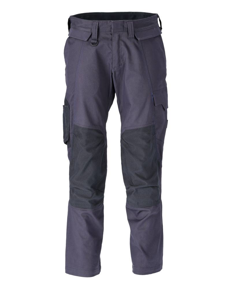 Marineblaue Arbeitshose mit verstärkten Kniebesätzen, mehreren Taschen und strapazierfähigem Stoff, konzipiert für Outdoor- oder manuelle Arbeiten.