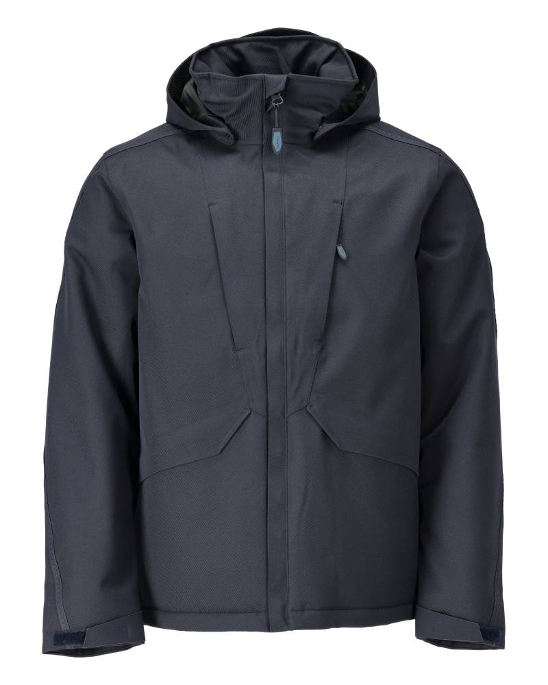Eine dunkle, kapuzierte Jacke mit Reißverschluss vorne und minimalistischem Design, geeignet für Outdoor-Aktivitäten.