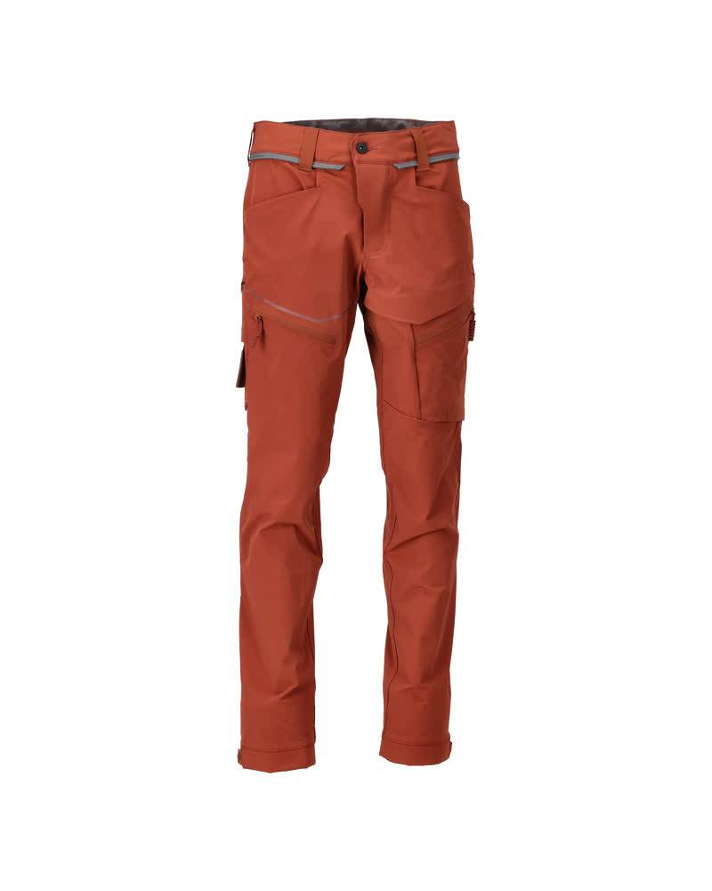 Orange Outdoor-Wanderhose mit mehreren Taschen, Gürtelschlaufen und Reißverschluss-Akzenten, entwickelt für Langlebigkeit und Funktionalität unter rauen Bedingungen.