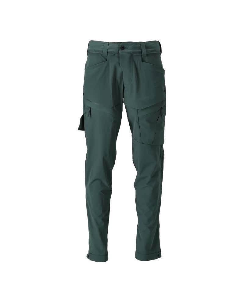 Dunkelgrüne Cargo-Hose mit mehreren Taschen, konzipiert für Outdoor-Aktivitäten, vor einem weißen Hintergrund präsentiert.