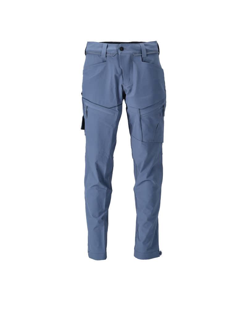 Blaue Cargohose mit mehreren Taschen, von vorne gezeigt, präsentiert robustes Gewebe und funktionales Design für Outdoor-Aktivitäten.