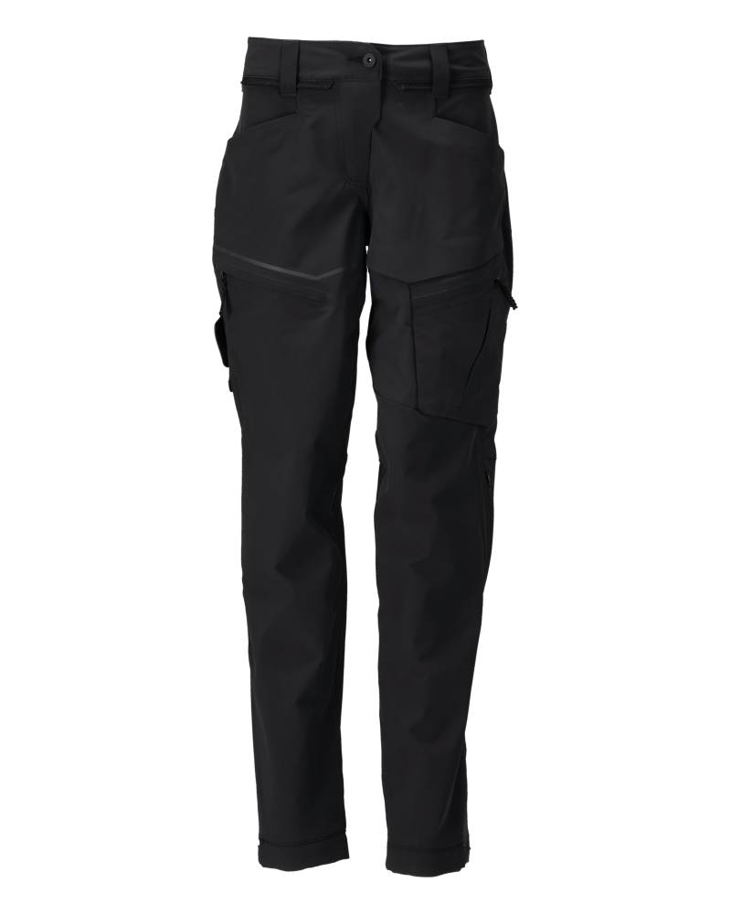Schwarze Cargo-Hose mit mehreren Taschen, vor einem einfarbigen weißen Hintergrund gezeigt.