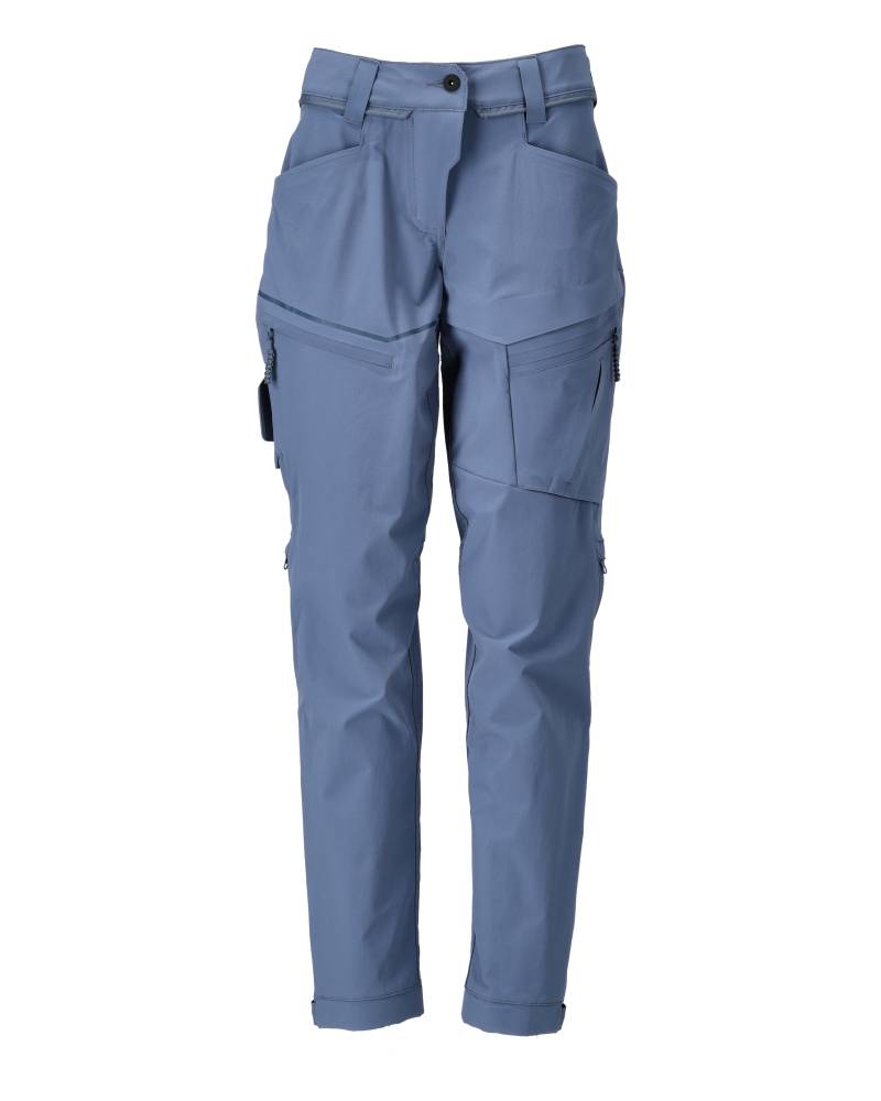 Ein Paar blaue Cargohose mit mehreren Taschen, vor einem weißen Hintergrund gezeigt.