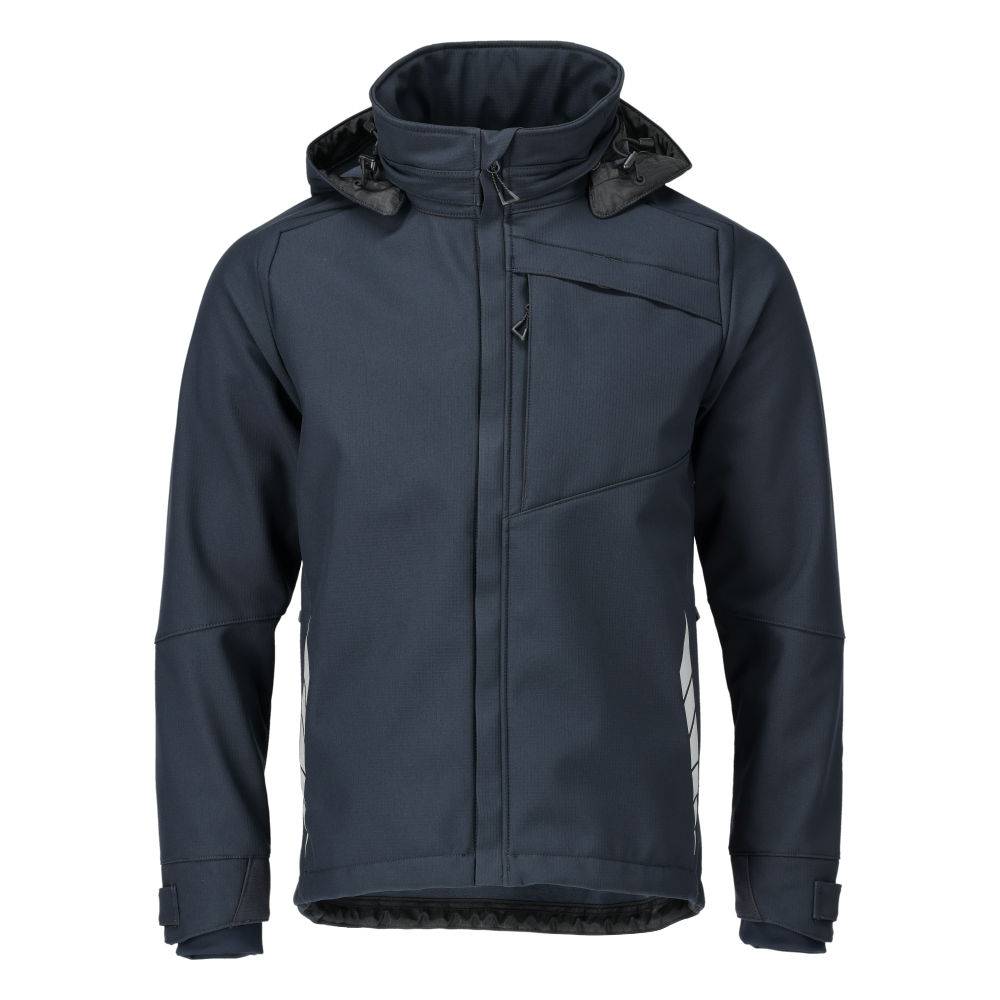 Eine marineblaue Kapuzenjacke mit Reißverschluss vorne und Taschen, entwickelt für den Outdoor-Einsatz.