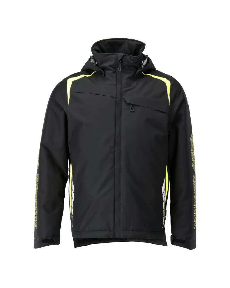 Schwarze Outdoor-Jacke mit Kapuze, mit gelben Akzenten an Schultern und Ärmeln, entwickelt für Schutz bei kaltem Wetter.