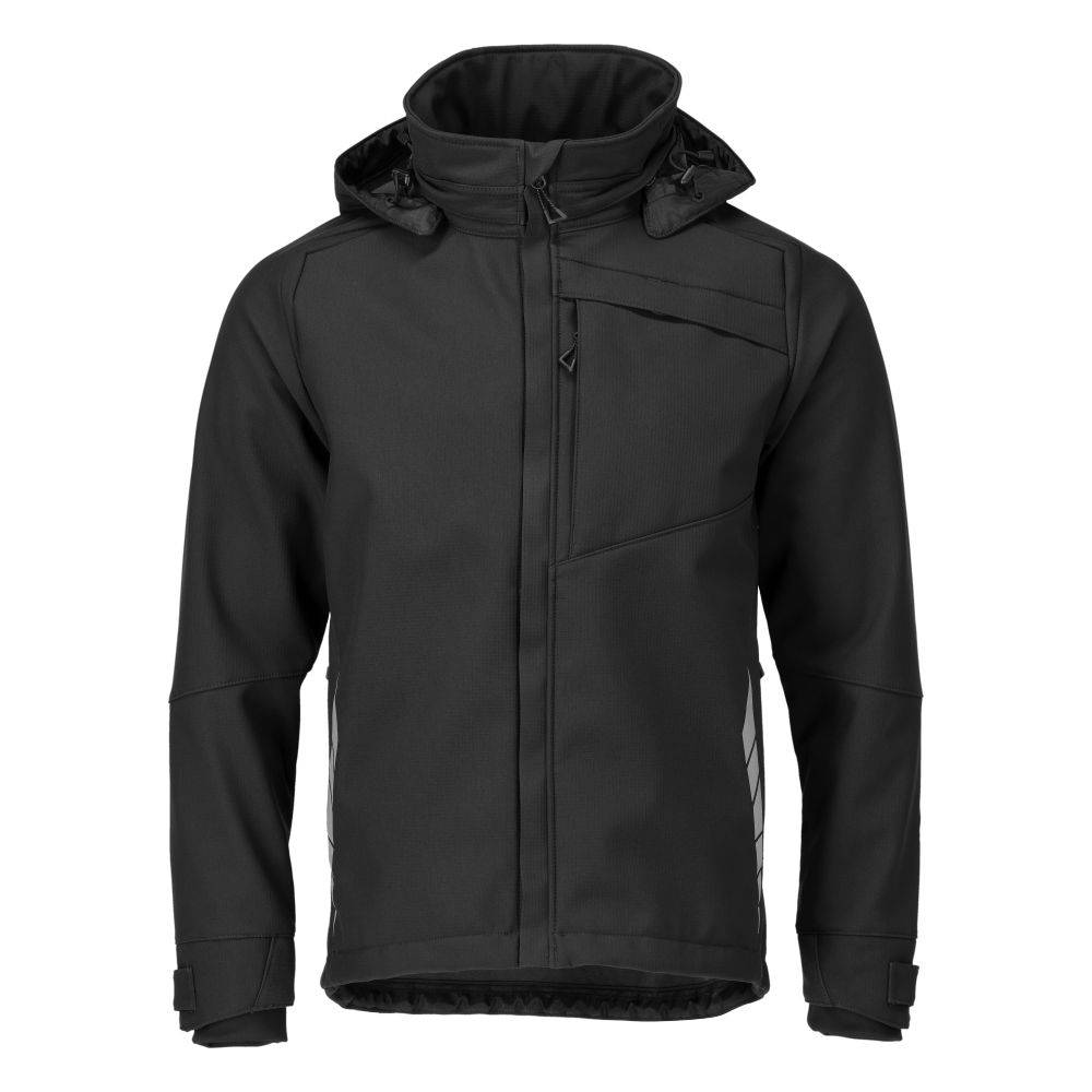 Eine schwarze Zip-Jacke mit Kapuze, versehen mit einer Brusttasche und verstellbaren Ärmelbündchen, die vor einem schlichten weißen Hintergrund präsentiert wird.