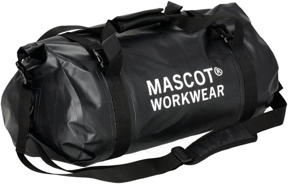 Schwarze Reisetasche mit der Aufschrift 'MASCOT WORKWEAR' in weißer Schrift. Die Tasche verfügt über Griffe und Schnallen und eignet sich zum Transport von Arbeitsausrüstung.