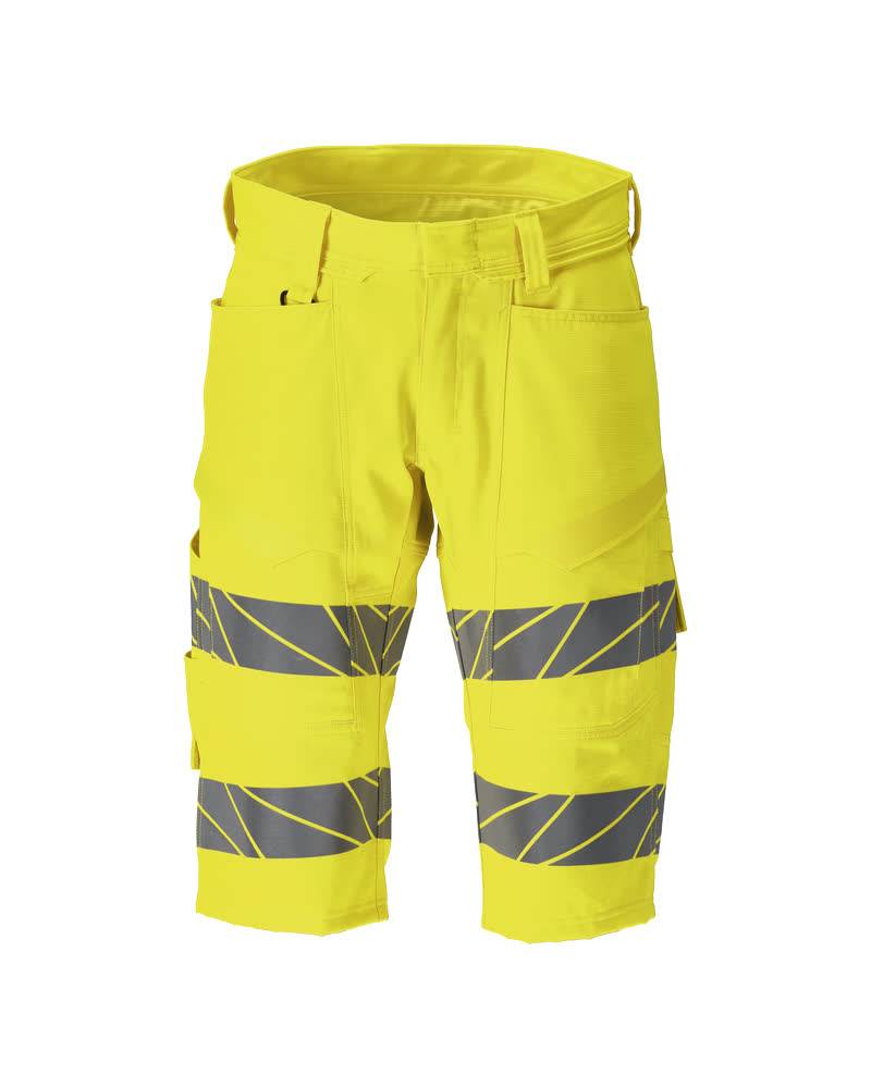 Gelbe Arbeitsshorts mit reflektierenden grauen Streifen, entwickelt für hohe Sichtbarkeit. Geeignet für Bau- oder Straßenarbeitsbereiche.