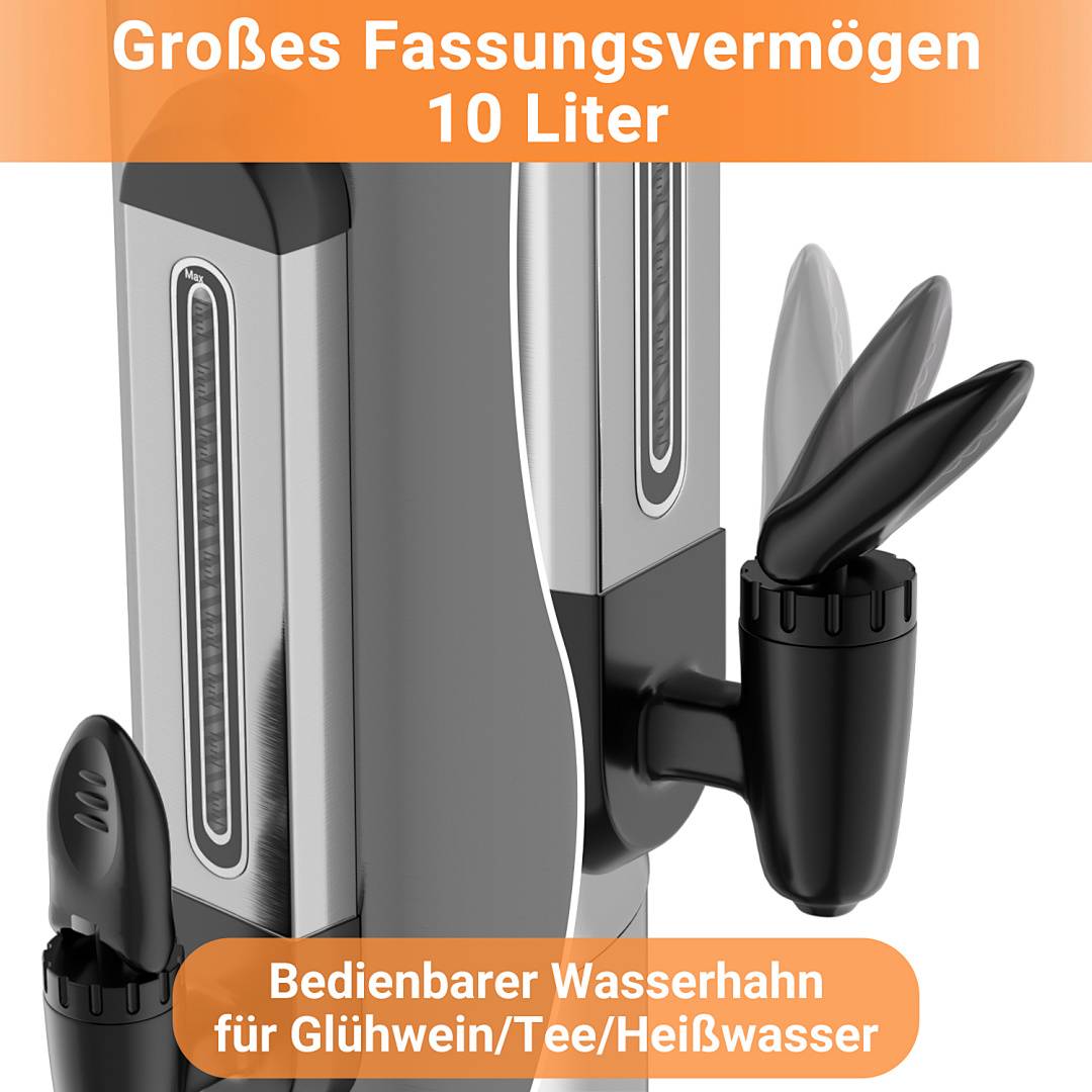 Silberner und schwarzer Getränkespender mit zwei Zapfhähnen, beschriftet mit "Großes Fassungsvermögen 10 Liter"" und ""Bedienbarer Wasserhahn für Glühwein/Tee/Heißwasser"".