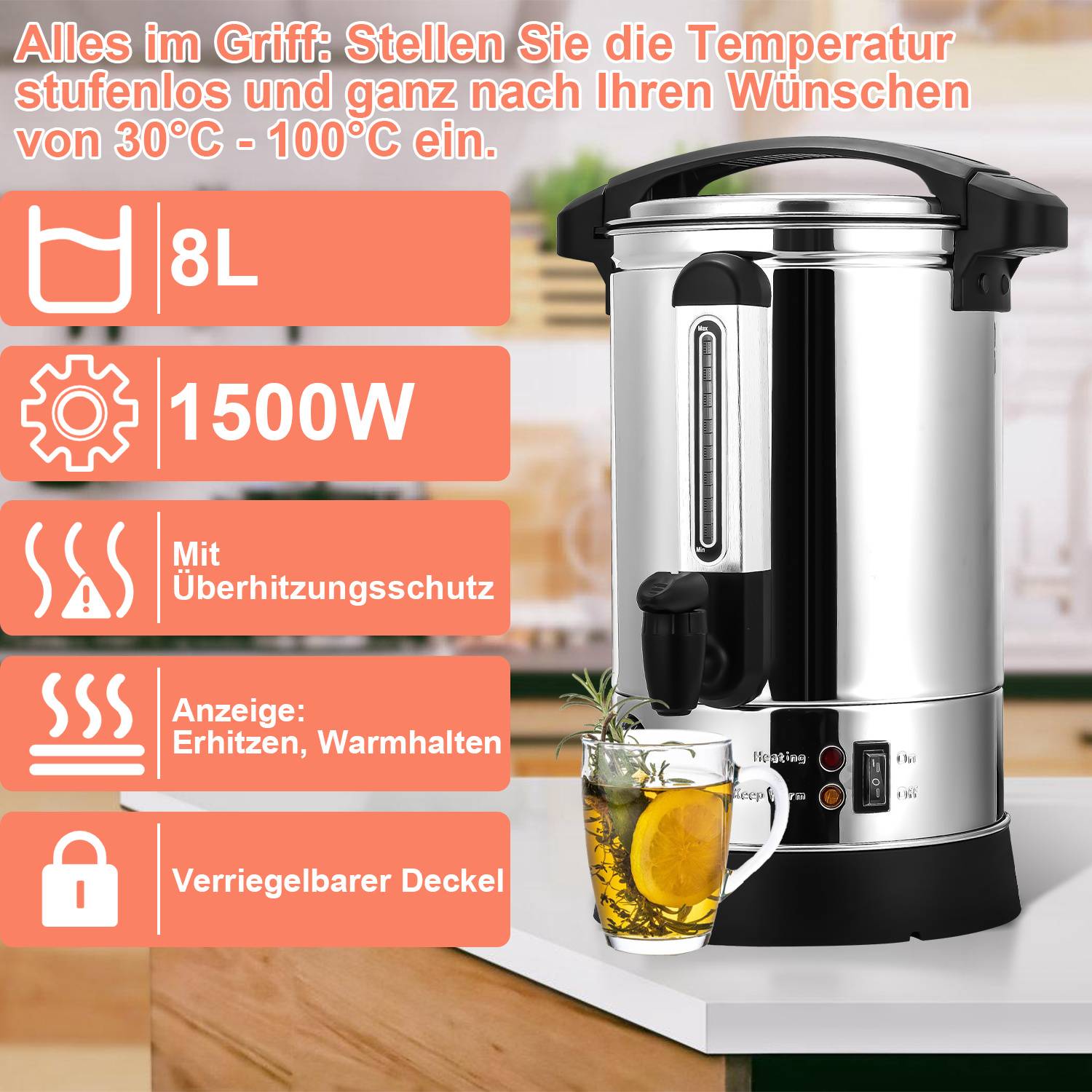 Glühweinkocher aus Edelstahl elektrisch 8Liter 1500 Watt mit Zapfhahn, Thermostat und Überhitzungsschutz Heißgetränkespender