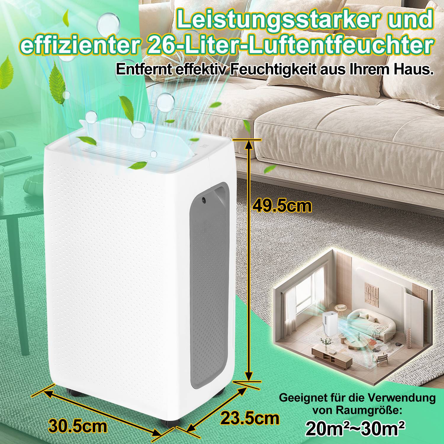Luftentfeuchter 26L/24h, Raumgröße ca. 25 m², 420 W, 4,3l Wassertank, Ablaufschlauch, Timer