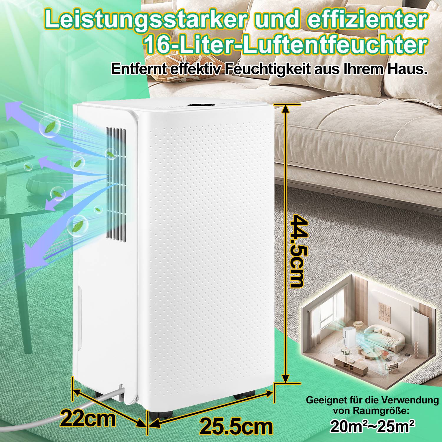 Luftentfeuchter 16L/24h, Raumgröße ca. 25 m², 195 W, 2l Wassertank, Ablaufschlauch, Timer