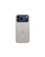 Ein Smartphone mit einem grauen Schutzgehäuse, das ein sichtbares kreisförmiges Design auf der Rückseite und drei Rückkameraobjektive in der oberen Ecke aufweist.