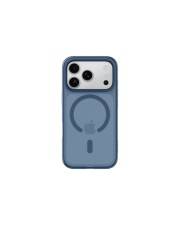 Ein blauer Smartphone-Etui mit drei sichtbaren Kameraobjektiven, mit einer kreisförmigen Gestaltung und Apple-Logo auf der Rückseite, kompatibel mit MagSafe.