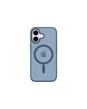 Eine blaue Smartphone-Hülle mit einem Lupenmuster, die ein Apple-Logo in der Mitte trägt.