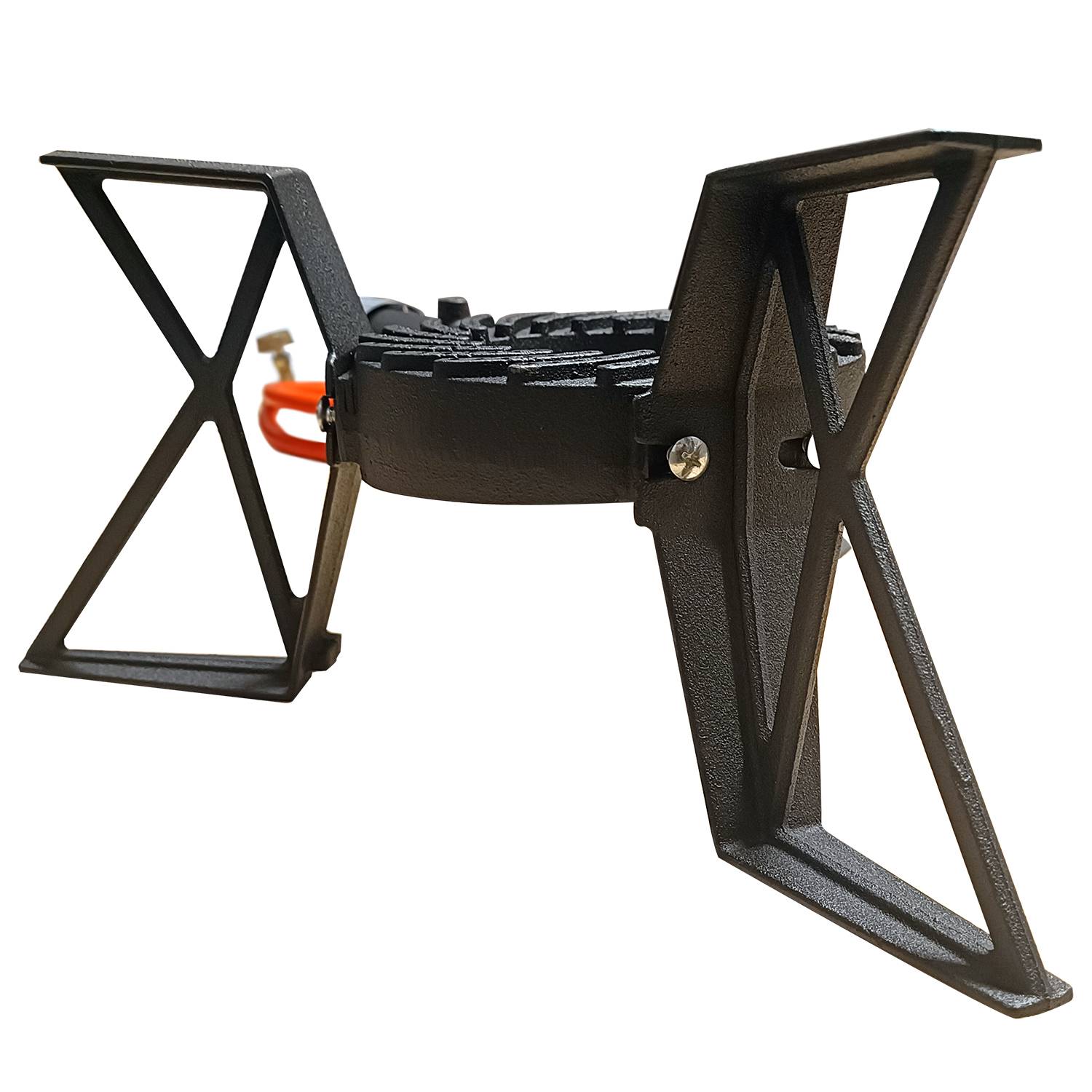 Ein schwarzes Miniaturmodell, das einem Raumschiff ähnelt, mit zwei großen, flachen, sechseckigen Strukturen an beiden Seiten.