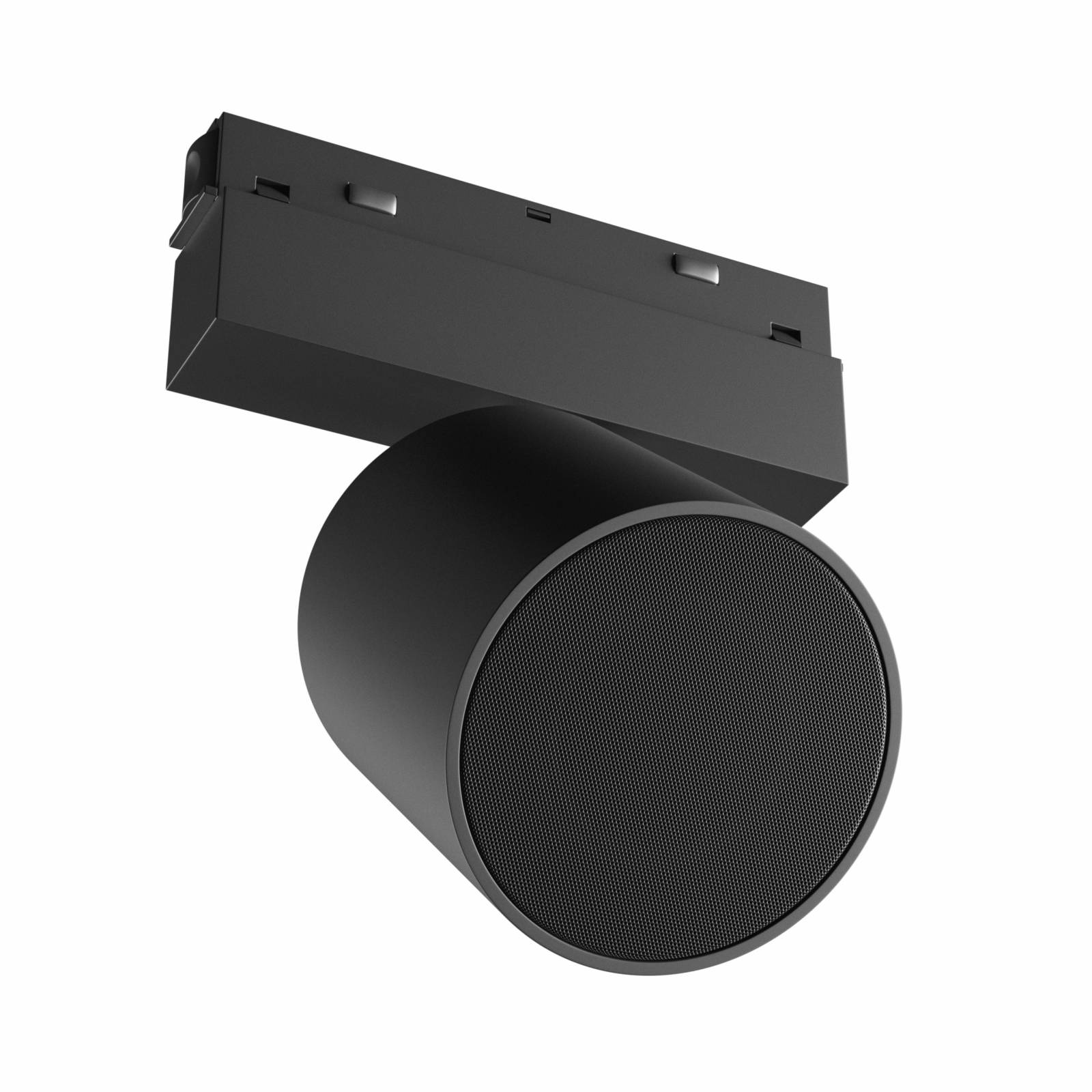 Eine schwarze, zylindrische Schienenlleuchte mit elegantem Design, montiert auf einer rechteckigen Basis, geeignet für moderne Innenbeleuchtung.