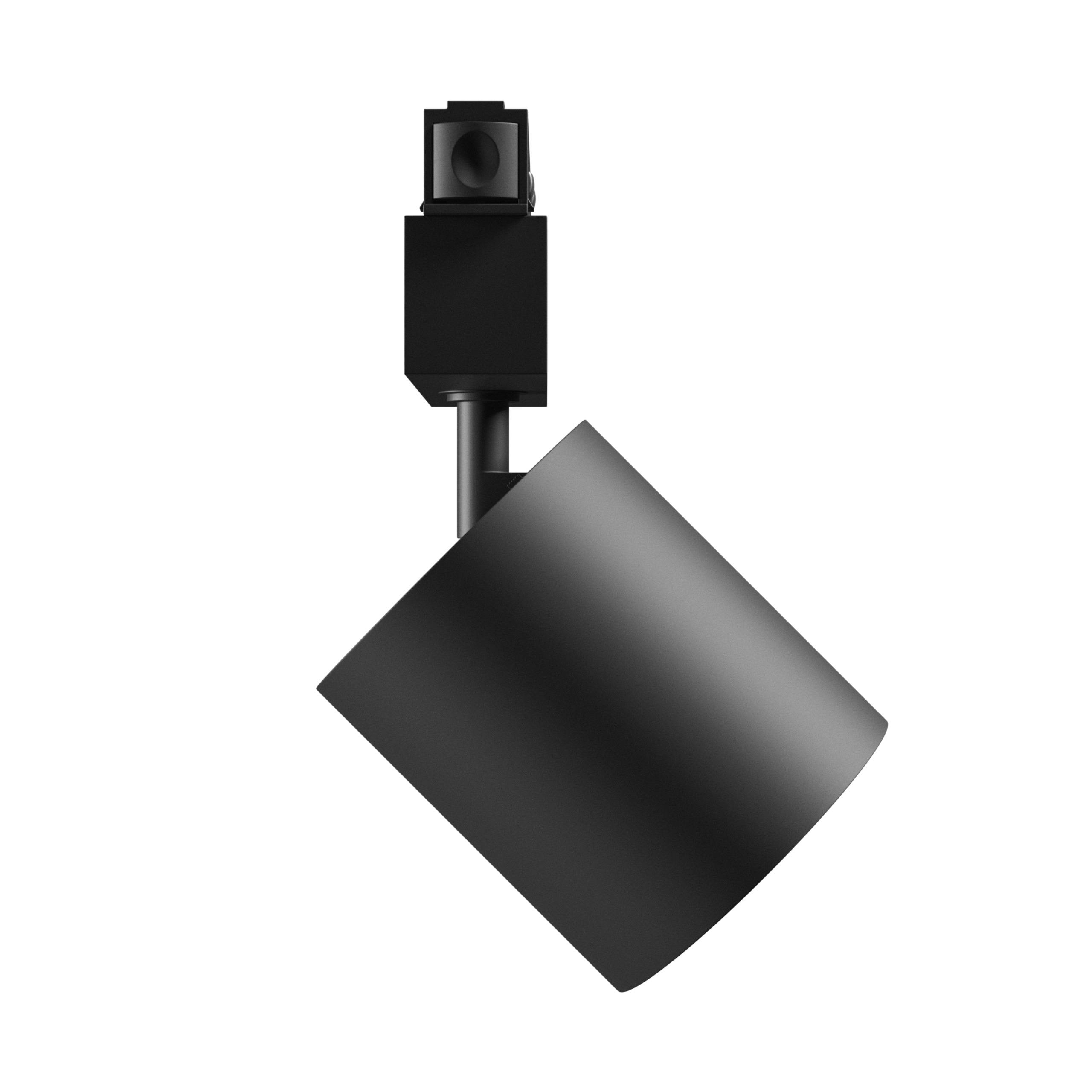 Eine schwarze Stromschieneleuchte mit einem zylindrischen Schirm und verstellbarem Arm, konzipiert für gezielte Beleuchtung in modernen Innenräumen.