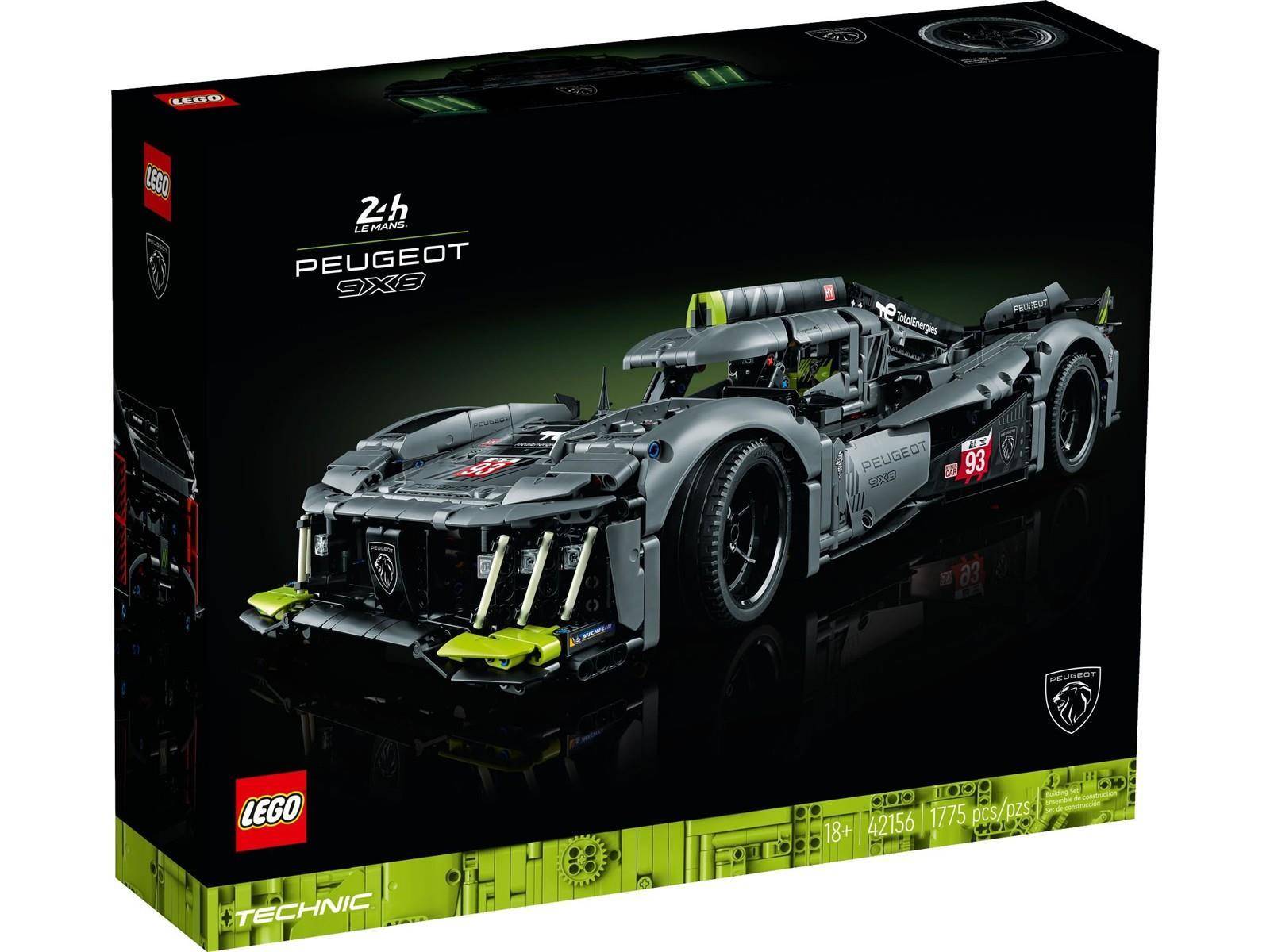 LEGO Technic 24h Le Mans Peugeot 9X8 Rennwagen-Modellbausatz-Schachtel mit einem grau-schwarzen Hybrid-Ausdauer-Prototyp auf schwarzem Hintergrund.