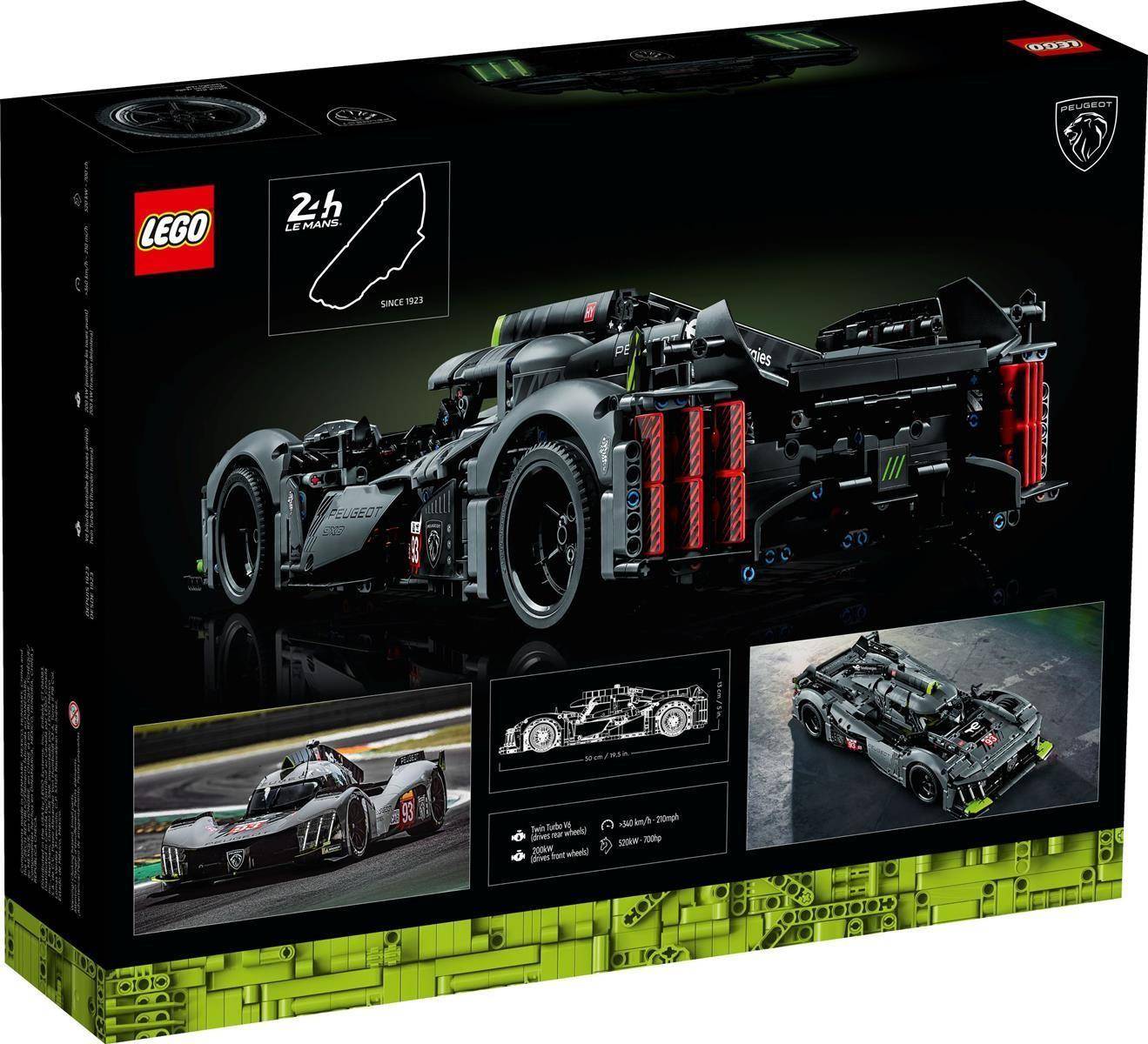 LEGO Technic 24 Stunden von Le Mans Rennwagen Modellkarton, zeigt ein schwarzes Rennfahrzeug mit roten Akzenten und drei Vorschaubilder des Modells.