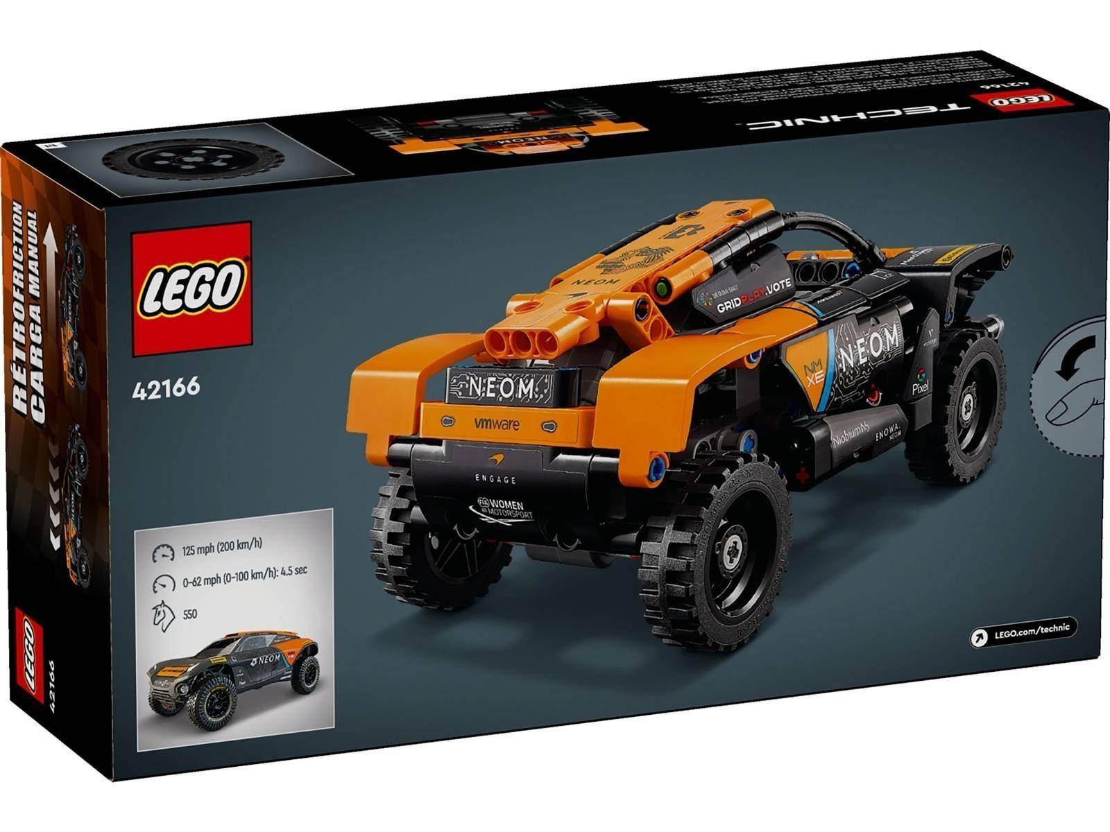 LEGO Technic 42166 Karton mit einem orange-schwarzen Geländewagen-Modell mit der Bezeichnung „NEOM" und 4x4-Reifen.