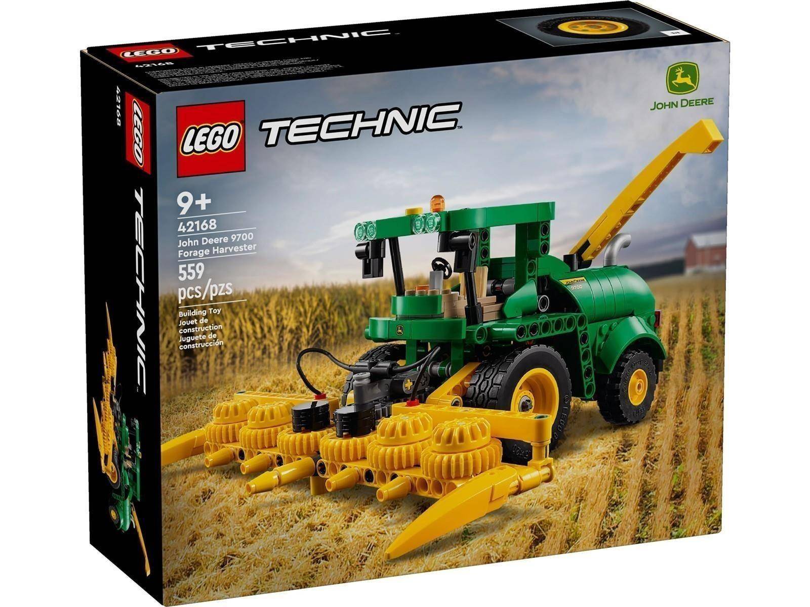 LEGO Technic John Deere 9700 Feldhäcksler-Set-Box, die eine grün-gelbe Erntemaschine auf einem Maisfeld zeigt; 559 Teile, ab 9 Jahren