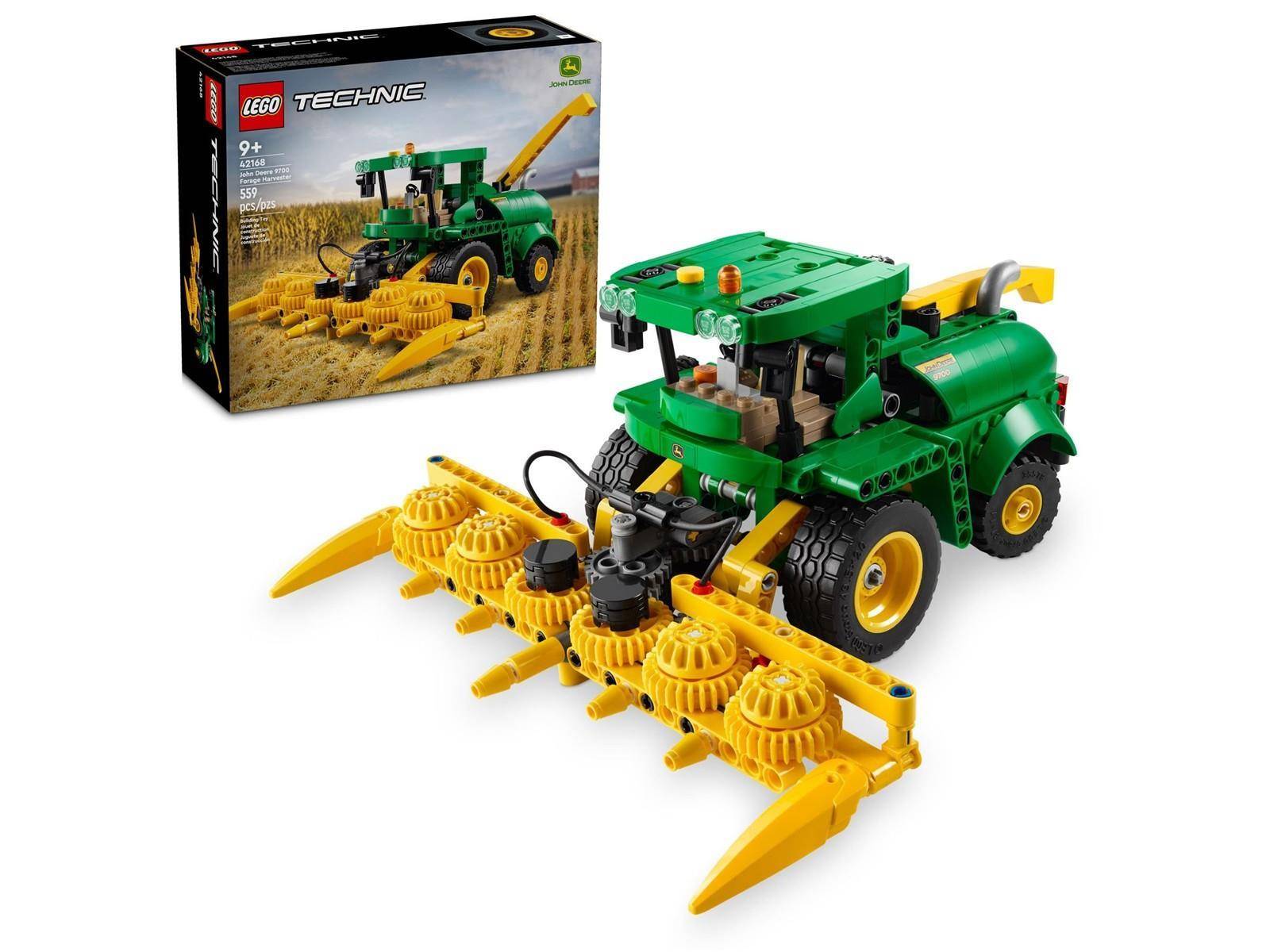 LEGO Technic grüne Mähdrescher-Modell mit gelbem Schneidwerk und Produktverpackung daneben dargestellt.