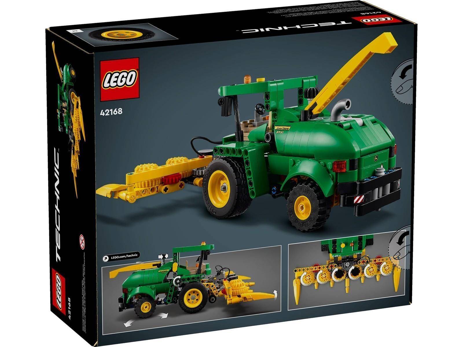 LEGO Technic 42168 Traktor-Spielzeugschachtel, die eine grüne landwirtschaftliche Maschine mit einer gelben Heckanbau und eingefügte Zusammenbau-Bilder zeigt.