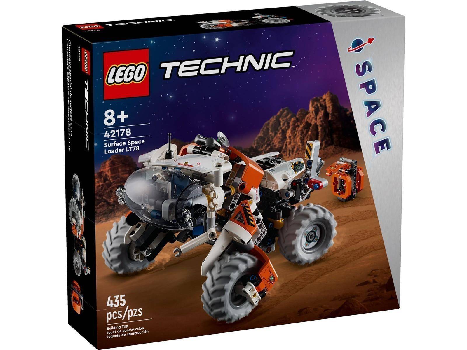 LEGO Technic Weltraum-Oberflächenlader LT78 Bauset Schachtel, ab 8 Jahren, 435 Teile, mit einem mondrover-ähnlichen Fahrzeug auf einer felsigen Weltraumoberfläche.