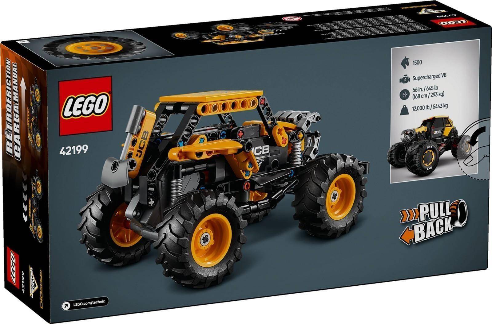 LEGO Technic '42199' Rückzugsmotor-Geländebuggy-Set mit Schachtel, die ein gelb-schwarzes Fahrzeug, Rückzugsantrieb und Altersempfehlung ab 7 Jahren zeigt.