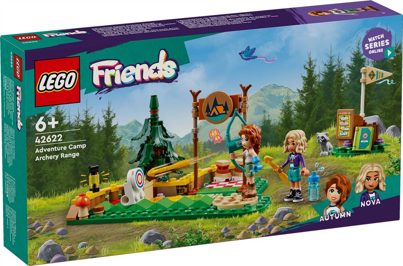 Lego Friends Wald-Reiterzentrum' Setbox mit einer Campingszene mit zwei Charakteren, einem Baum und Campingzubehör.