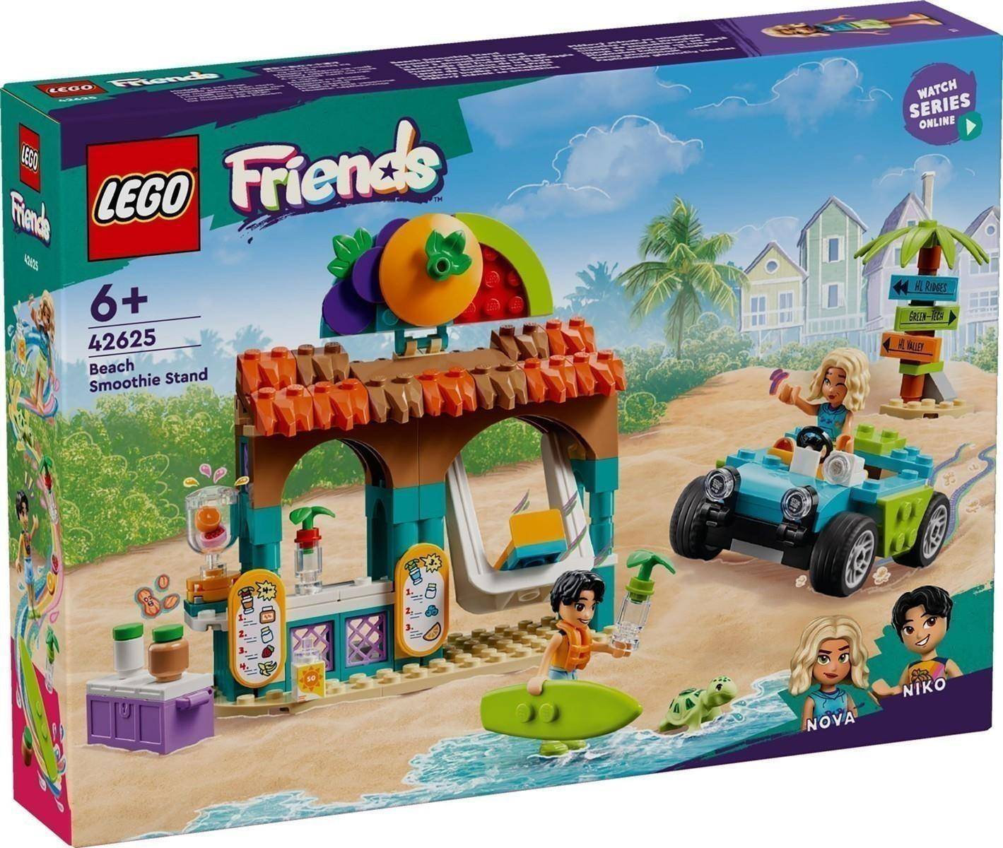 LEGO Friends Beach Smoothie Stand Spielset Schachtelkunst mit einem Strandcafé, einem Surfbrett und Minifiguren mit einem Auto auf einer Küstenstraße.
