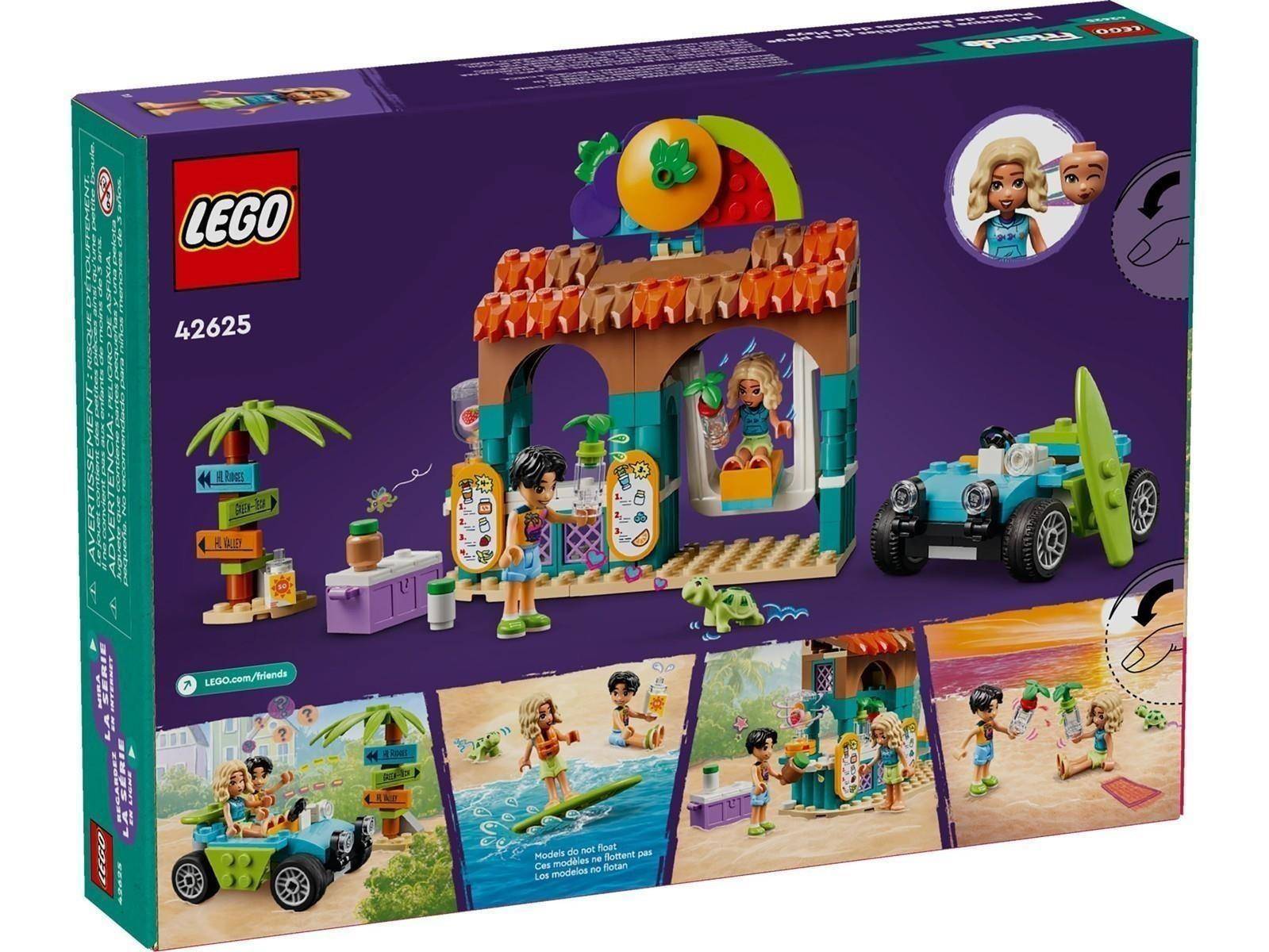 LEGO Friends 42625 Strandset-Box mit einer Surfhütte, zwei Minipuppen, einem Auto und mehreren Strandspielszenen.