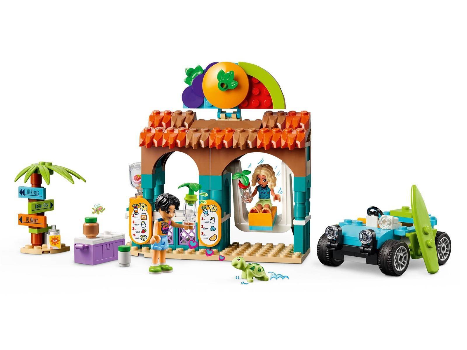LEGO-artiges Strandgetränke-Stand-Spielset mit zwei Minipuppen-Figuren, Palmenbaumschild, Zubehör und einem blauen Gelände-Buggy mit Surfbrett