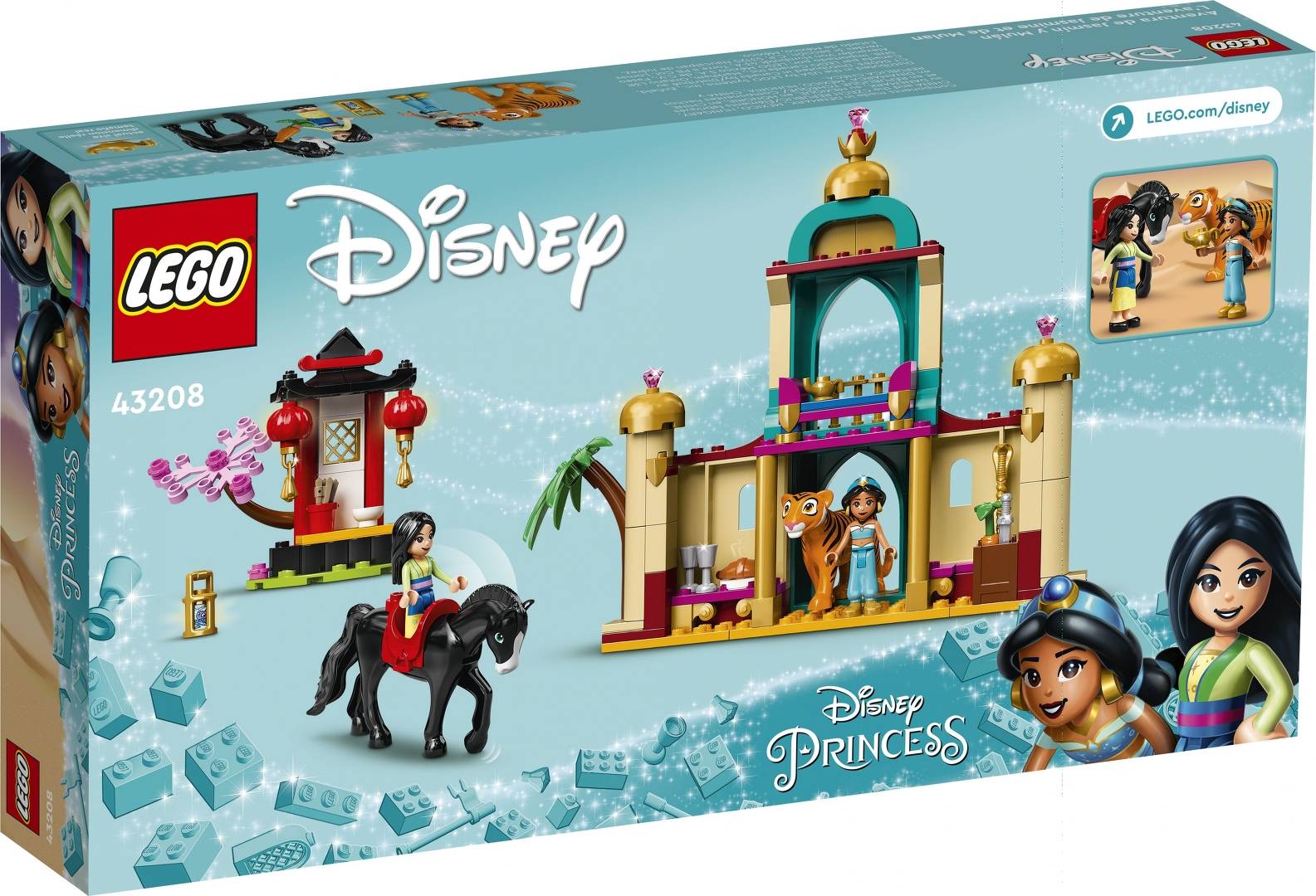 LEGO Disney-Set mit einem Palast, Charakteren zu Pferd und stehend an Säulen, gekleidet in thematischer Garderobe.