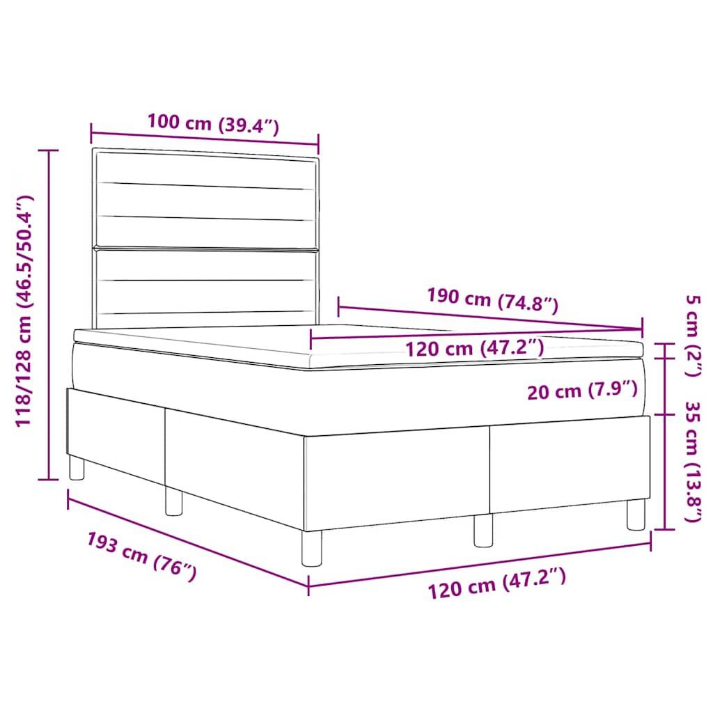 Linienzeichnung eines Bettgestells mit Abmessungen: Höhe 118/128 cm, Breite 100 cm, Länge 193 cm. Mattengröße: 120 cm breit, 190 cm lang.