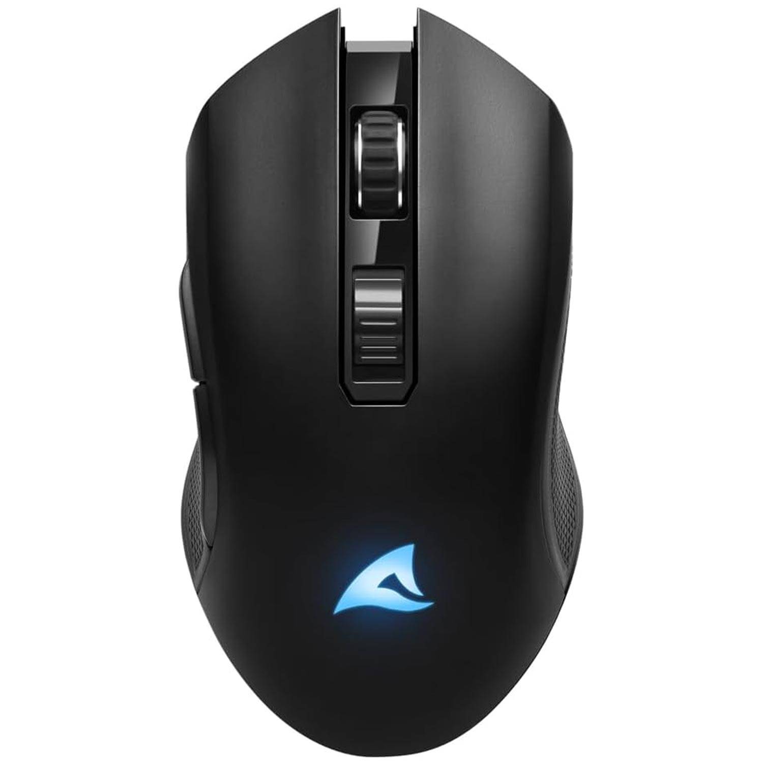 Eine schwarze Computermaus mit einem leuchtenden Logo, ausgestattet mit einem Scrollrad und seitlichen Tasten, die ergonomisch gestaltet ist.