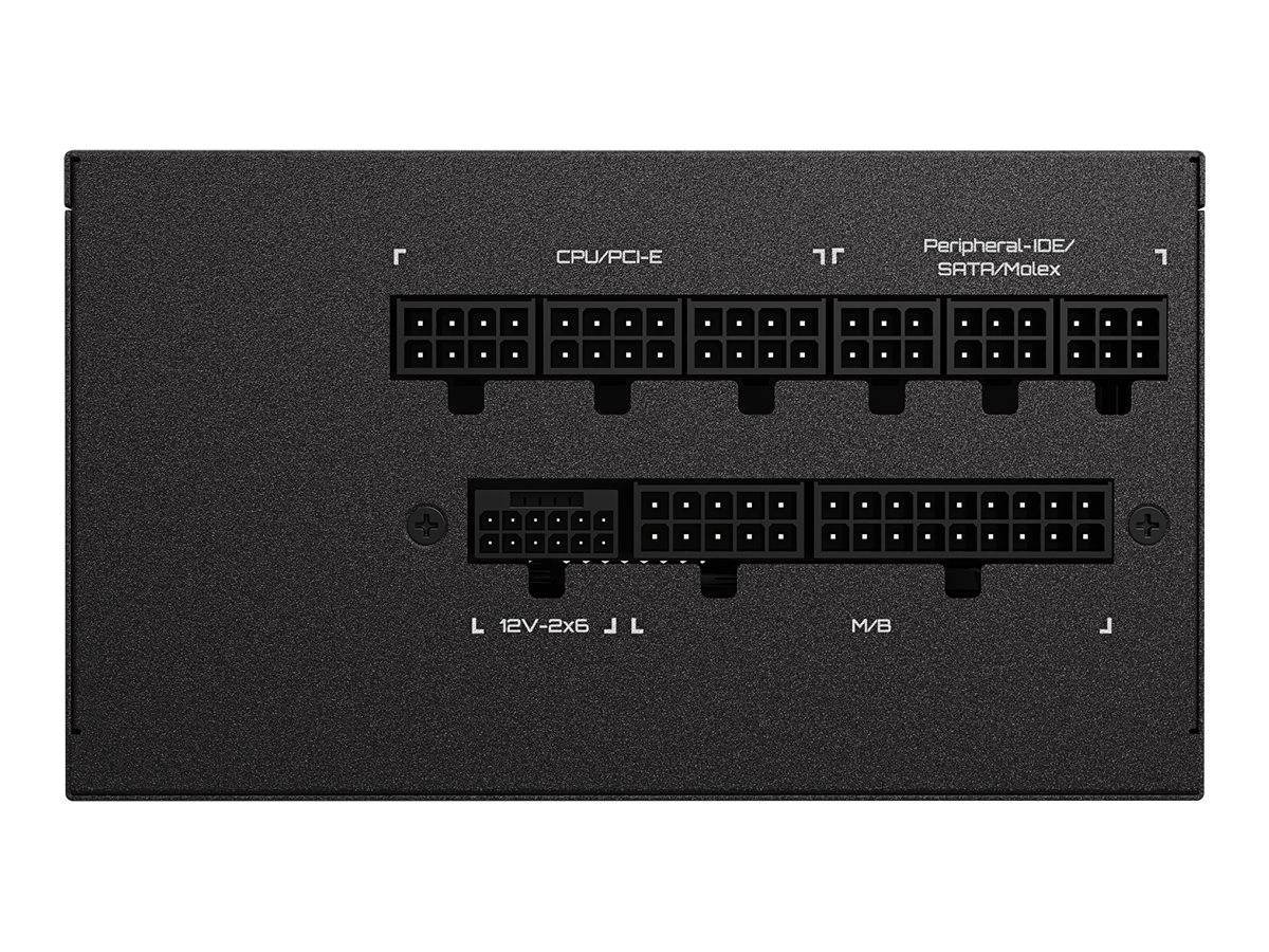 Eine Nahaufnahme eines Computernetzteils mit beschrifteten Stromsteckern für CPU/PCI-E, Peripheral/IDE/SATA/Molex und L 12V-2x6.