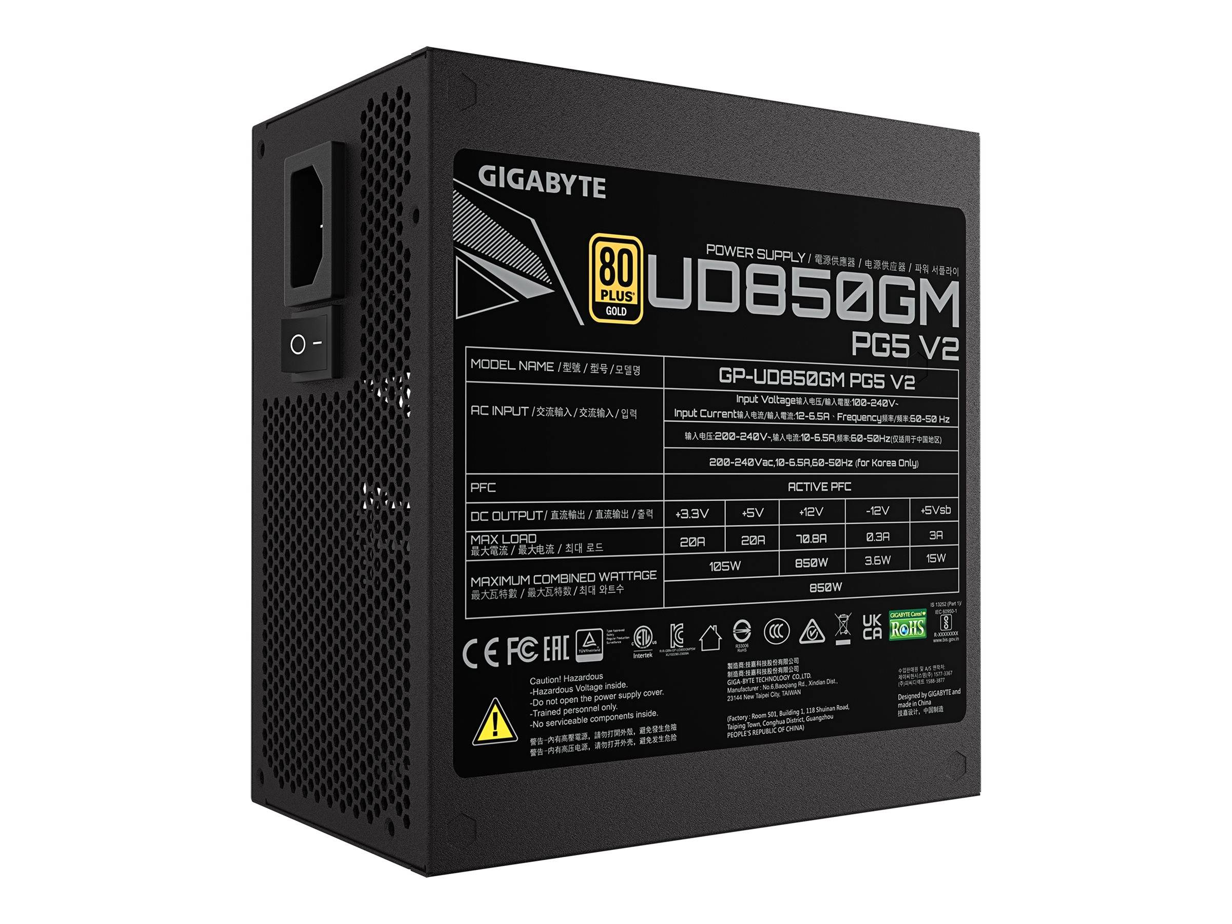 Netzteil 'GIGABYTE UD850GM PG5 V2' mit 80 Plus Gold Zertifizierung. Schwarzes Gehäuse, sichtbare Anschlüsse und detaillierte Spezifikationen auf dem Etikett.