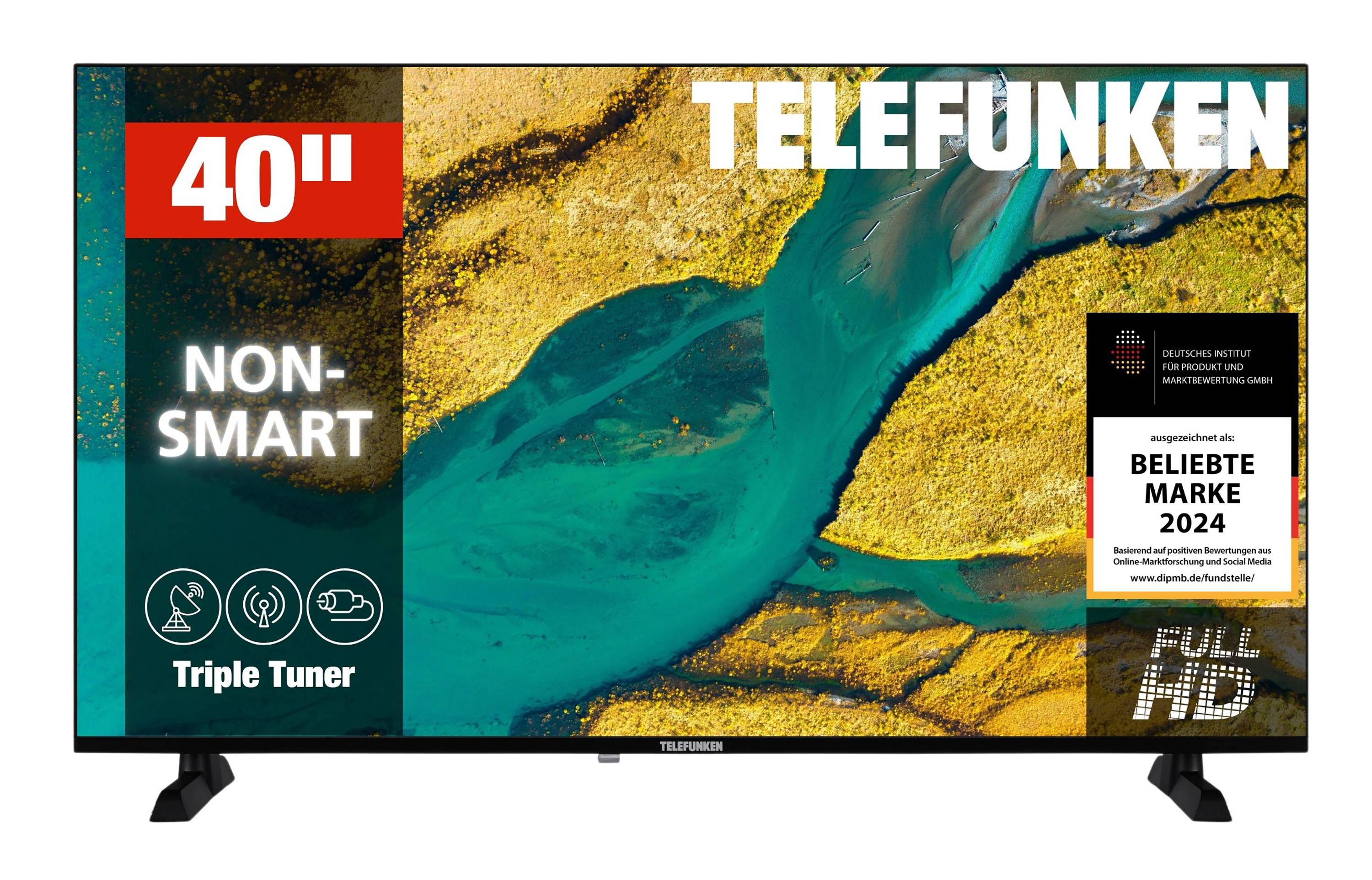Fernsehbildschirm zeigt eine lebendige Luftaufnahme eines sich schlängelnden Flusses durch eine gelbe Landschaft. Text liest sich: 